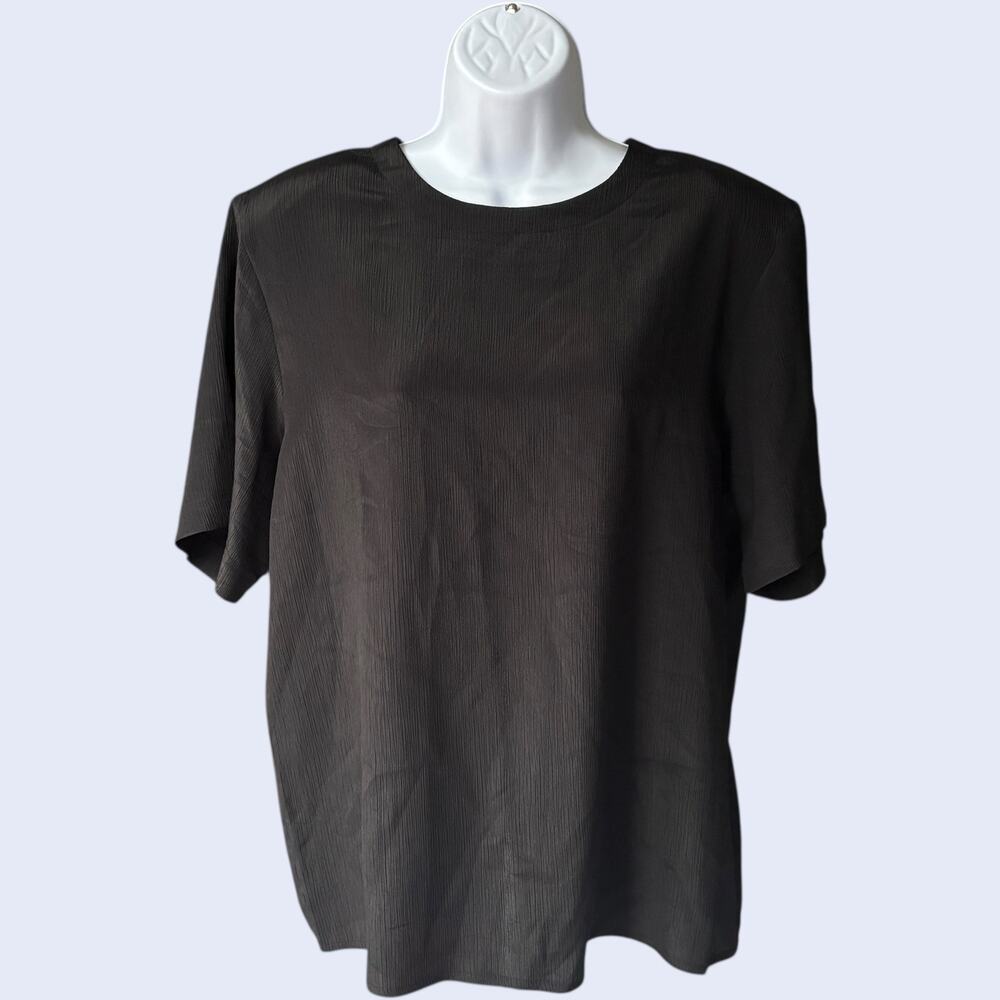 SHIP'N SHORE Minimalist Vintage Crinkle Blouse - Black Boxy 90s Officewear